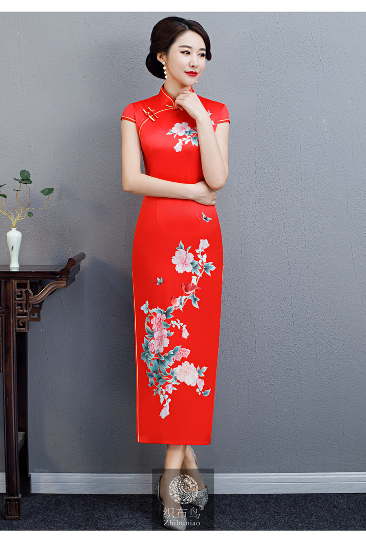 花清红丝绸面料修身旗袍za