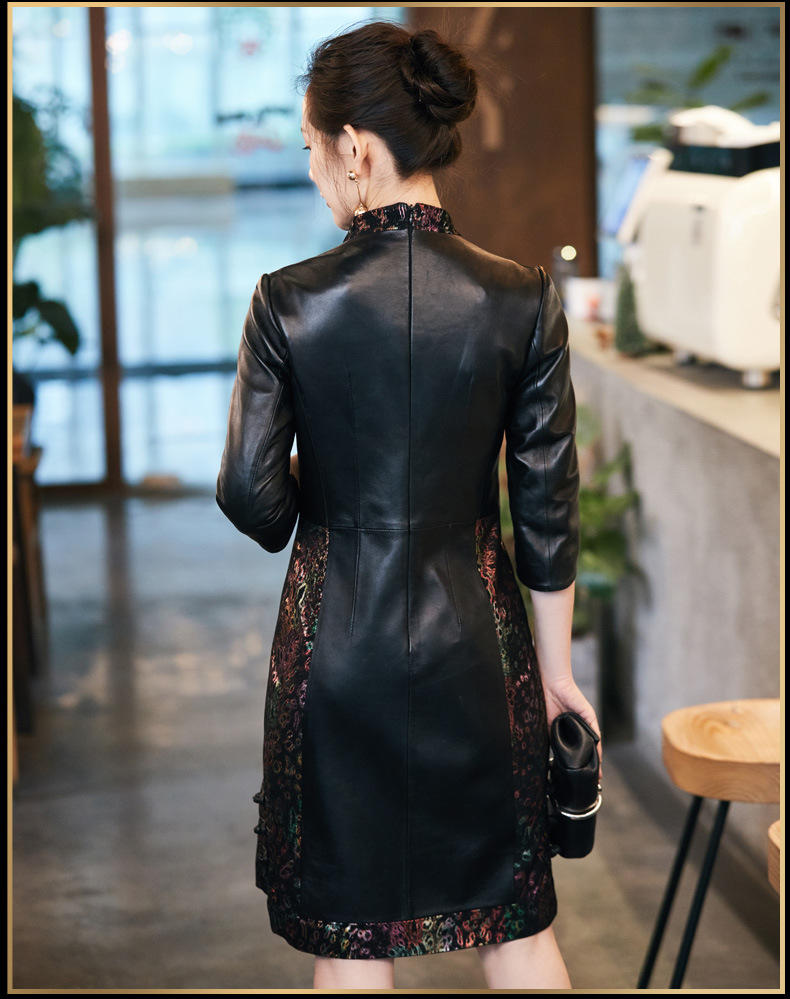 hh真皮皮衣女长款修身绵羊皮印花旗袍70