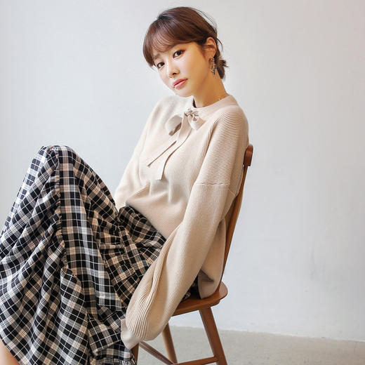 韩都衣舍2018秋装新款女装韩版系带纯色套头毛衣针织衫jm9203蒖