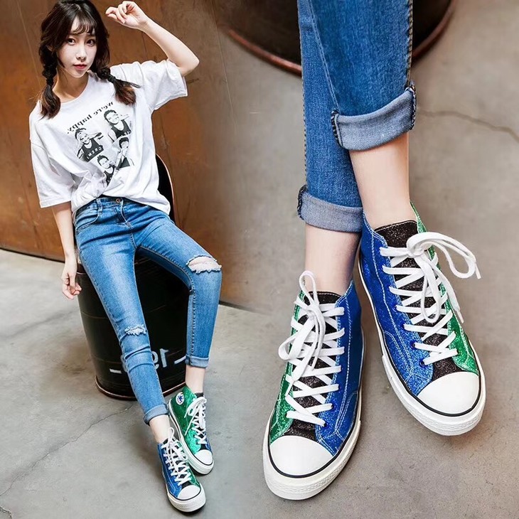 chuck70联名情侣款红蓝绿亮片撞色高帮帆布硫化鞋特价