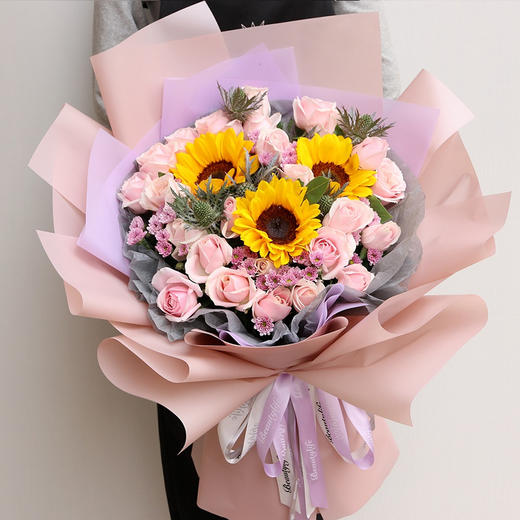 19枝粉玫瑰香槟玫瑰搭配向日葵精美花束送女友老婆领导同事生日礼物