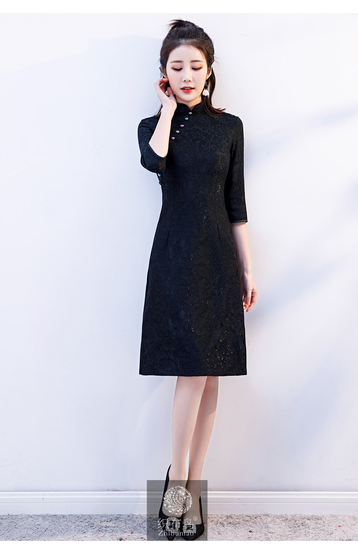 珠帘墨色蕾丝面料修身旗袍ymt88582