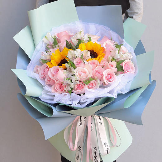 19枝粉玫瑰香槟玫瑰搭配向日葵精美花束送女友老婆领导同事生日礼物