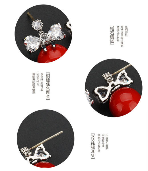 QX-韩国风蝴蝶结红珍珠镶嵌锆石耳钉TZW 商品图3