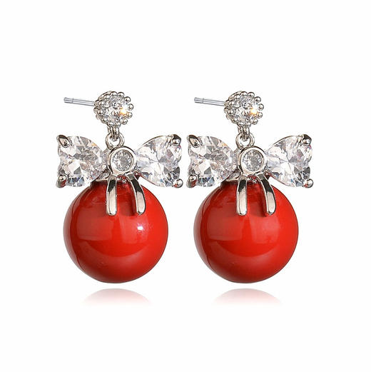 QX-韩国风蝴蝶结红珍珠镶嵌锆石耳钉TZW 商品图4