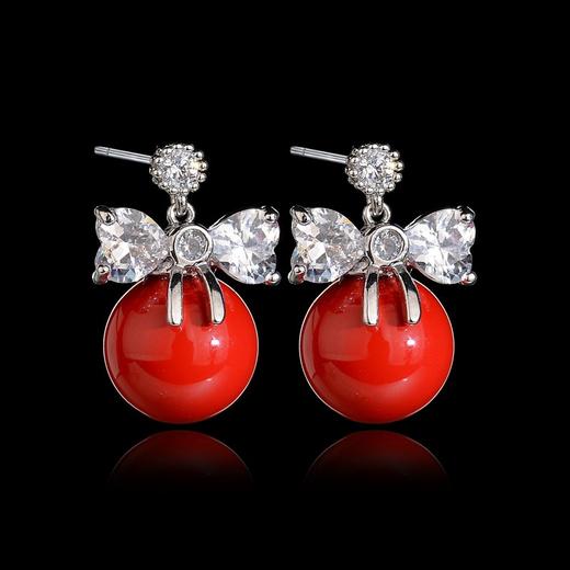 QX-韩国风蝴蝶结红珍珠镶嵌锆石耳钉TZW 商品图2