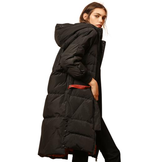 （VIP福利 性价比超高！售完下架！ 不退不换）洛诗琳连帽休闲织带螺纹袖口衣摆开衩中长款羽绒服 商品图1