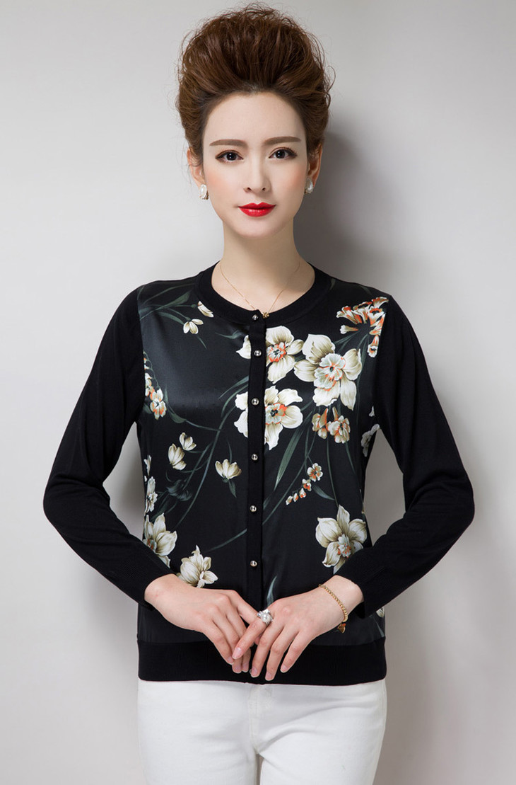 ww  6378桑蚕丝印花上衣女薄款长袖真丝开衫外套