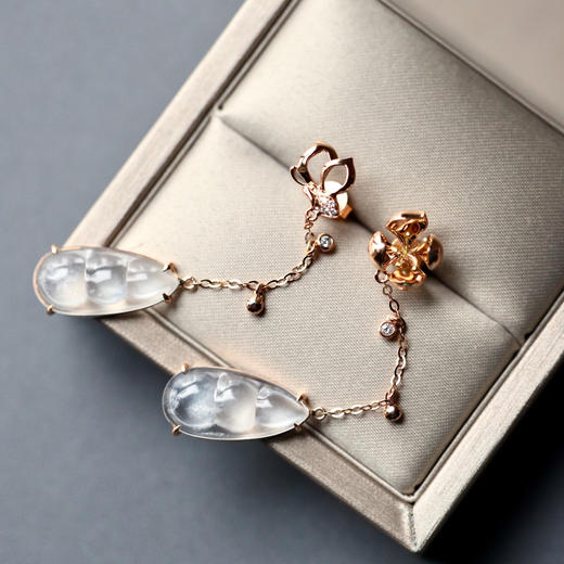 蝶恋花玻璃种翡翠福豆耳坠18k玫瑰金镶嵌 商品图4