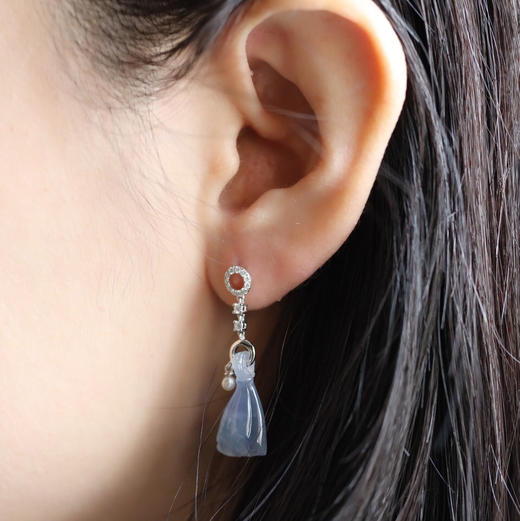 冰种紫罗兰莲蓬翡翠耳坠18k白金钻石珍珠镶嵌 商品图8