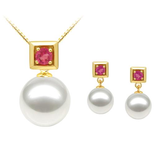 红色碧玺 南洋白珠项链耳环套装 商品图0