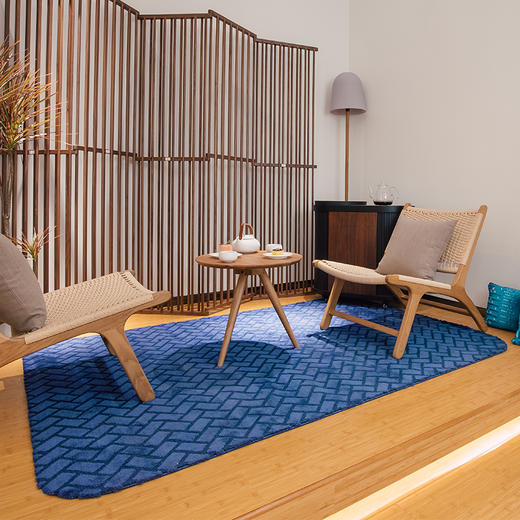 哲品 妙格系列蓝色锦纶长方形圆角客厅茶几茶室地毯简约现代家用 商品图0