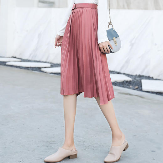 sr秋季新品甜美松紧腰部系腰带纯色显瘦舒适百褶半身裙sr