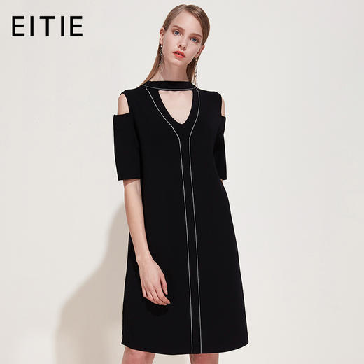 EITIE爱特爱品牌女装春季宽松腰短袖拼接圆领连衣裙中裙5901602 商品图1