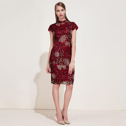 EITIE爱特爱品牌女装春季花边领口刺绣旗袍式礼服连衣裙5977606 商品图1