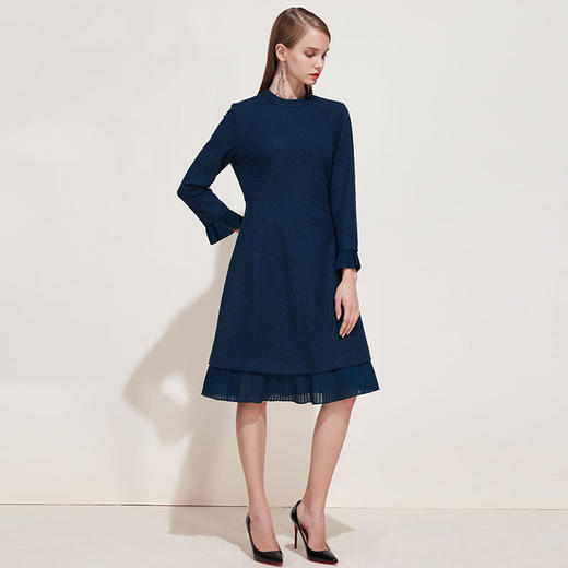 EITIE爱特爱品牌女装春季时尚圆领褶皱小花边羊毛连衣裙5907606 商品图1