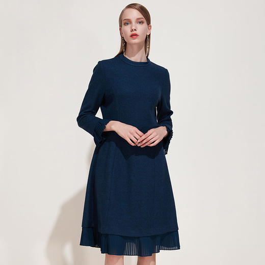 EITIE爱特爱品牌女装春季时尚圆领褶皱小花边羊毛连衣裙5907606 商品图0