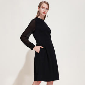 EITIE爱特爱品牌女装春季新款修身显瘦长袖立领低腰连衣裙5907604