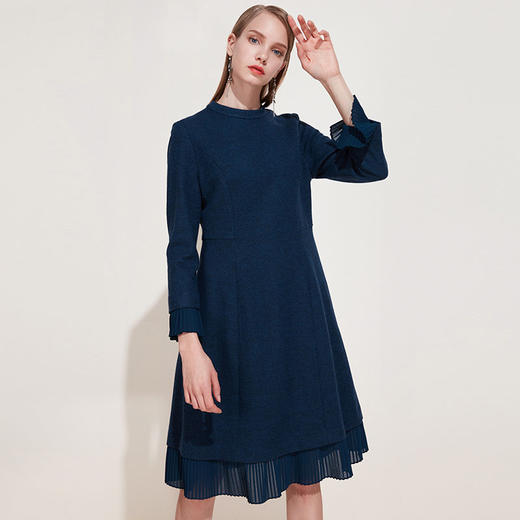 EITIE爱特爱品牌女装春季时尚圆领褶皱小花边羊毛连衣裙5907606 商品图2