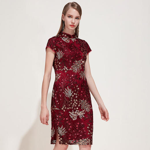 EITIE爱特爱品牌女装春季花边领口刺绣旗袍式礼服连衣裙5977606 商品图0