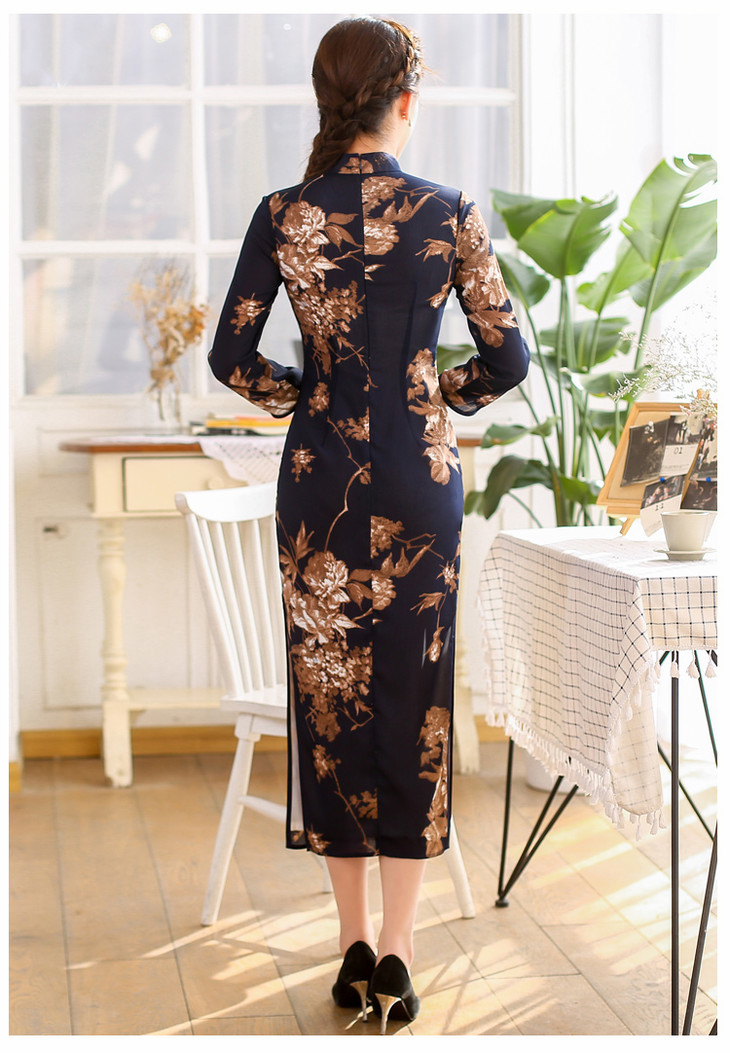 复古改良印花七分袖旗袍裙xgtq9001