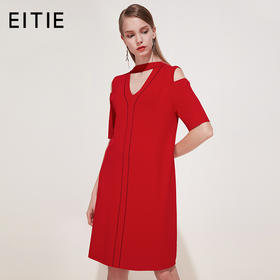 EITIE爱特爱品牌女装春季宽松腰短袖拼接圆领连衣裙中裙5901602
