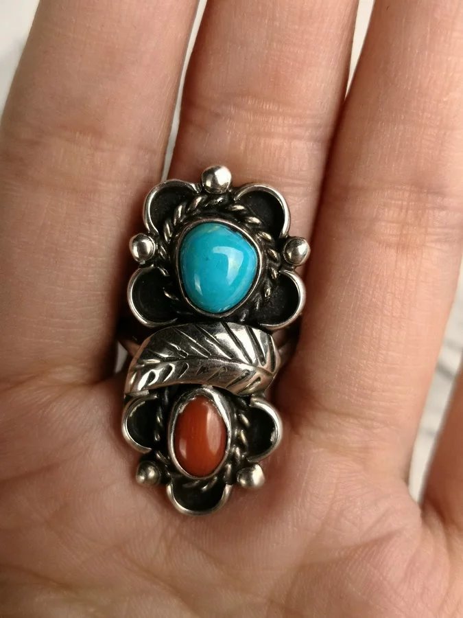 印第安纳瓦霍风格银饰戒指镶嵌天然松石