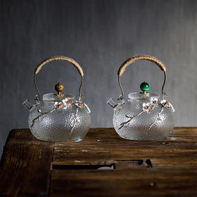 锤纹玻璃提梁壶 | 日式手工加厚耐热煮茶壶镶锡梅花烧水壶过滤泡茶壶
