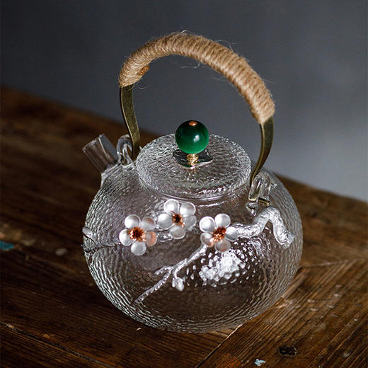 锤纹玻璃提梁壶 | 日式手工加厚耐热煮茶壶镶锡梅花烧水壶过滤泡茶壶 商品图1