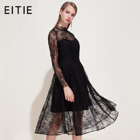 EITIE爱特爱新款女装春装法国小众连衣裙假两件套钩花蕾丝裙5907695