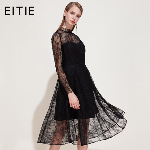 EITIE爱特爱新款女装春装法国小众连衣裙假两件套钩花蕾丝裙5907695 商品图0