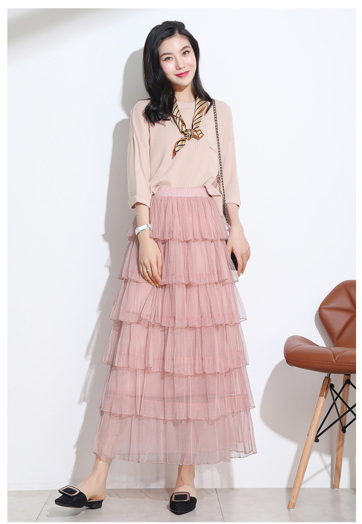 yxmg902春季新款六层蛋糕裙网纱半身弹力高腰长裙