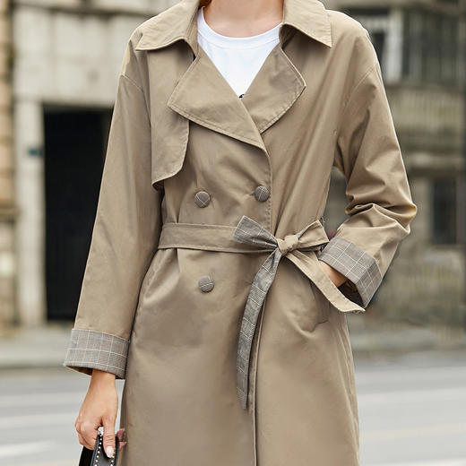 《sr#秋季新品》翻领翻折袖口拼接格纹系带干练中长款风衣sr