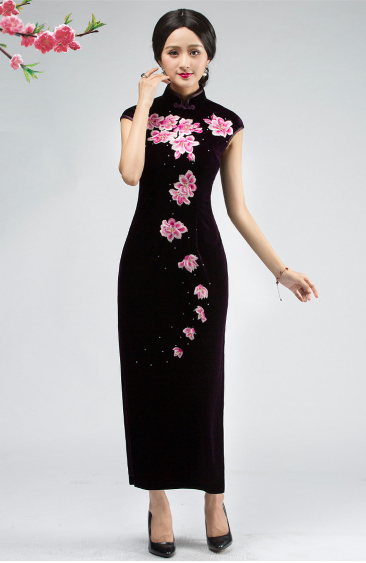 hz1818新款金丝绒刺绣改良旗袍