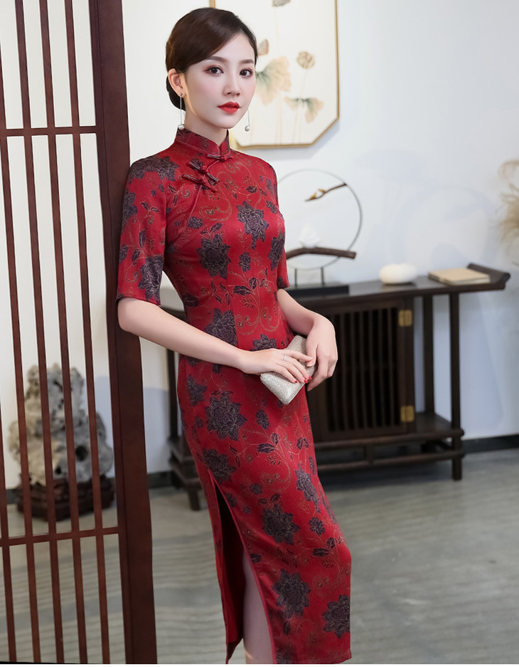 梓红复古唐装中袖修身香云纱中长款古典旗袍裙货号gt9073