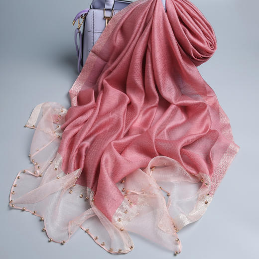 手工镶珍珠真丝羊毛混纺丝巾  唐织绾 商品图4