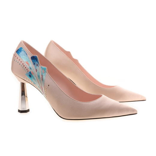 sheme 新中式女士手工刺绣丝绸粗跟单鞋 裸色 商品图5