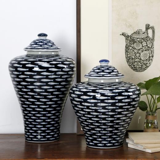 仿制瓷器陶器蓝底鱼图案将军罐罐子花器WBH18120070/69 Newly made Porcelain  blue vase with fish pattern 商品图0