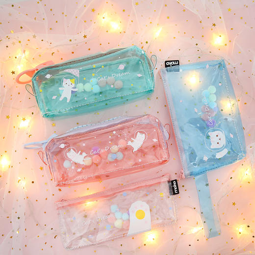 三年二班可爱猫咪星空笔袋透明大容量学生铅笔袋文具袋铅笔袋