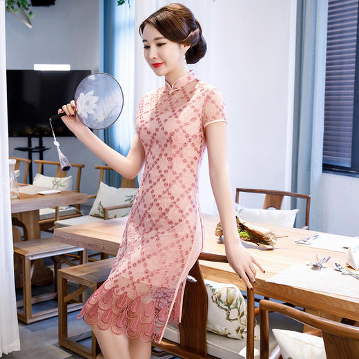 复古唐装中长款镂空蕾丝旗袍货号jl2567