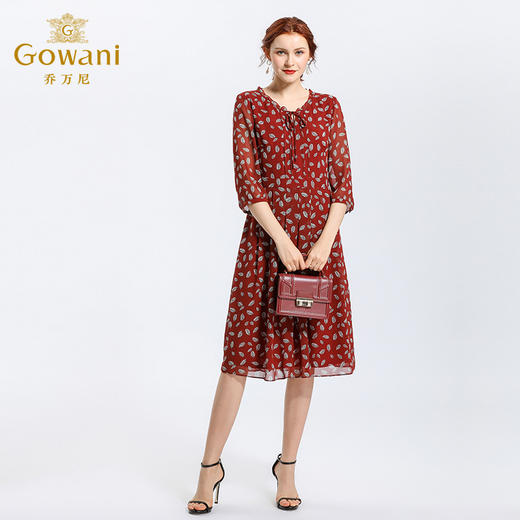 乔万尼春装韩版修身七分袖羽毛印花雪纺连衣裙春秋EN1E901 商品图1