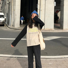 2019春季新款韩版宽松长袖打底衫字母印花圆领纯棉t恤女