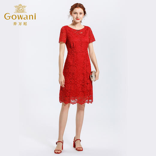 乔万尼春装款高腰修身宴会礼服短袖红色蕾丝连衣裙中长款EN1E910 商品图1