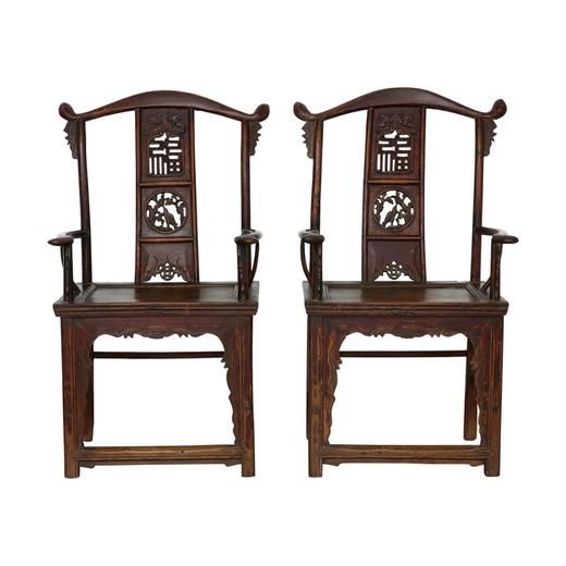 清晚期榆木古董家具官帽椅（对）扶手椅四出头椅QCHA18010025 Antique Elm wood Pair of chair 商品图1