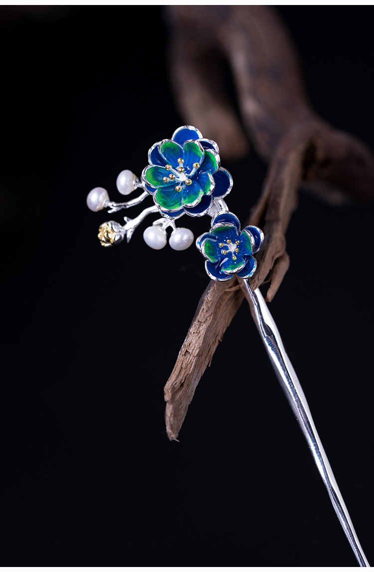 复古s925银盘发花朵天然淡水珍珠梅花发簪ym-fz16020
