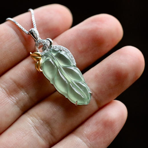 高冰种淡晴水翡翠叶子18k白金黄金钻石镶嵌 商品图6