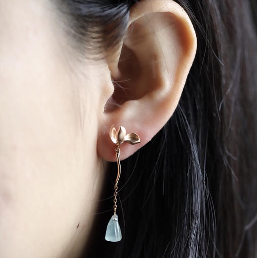 高冰种淡晴水翡翠莲蓬耳坠18k玫瑰金镶嵌 商品图7