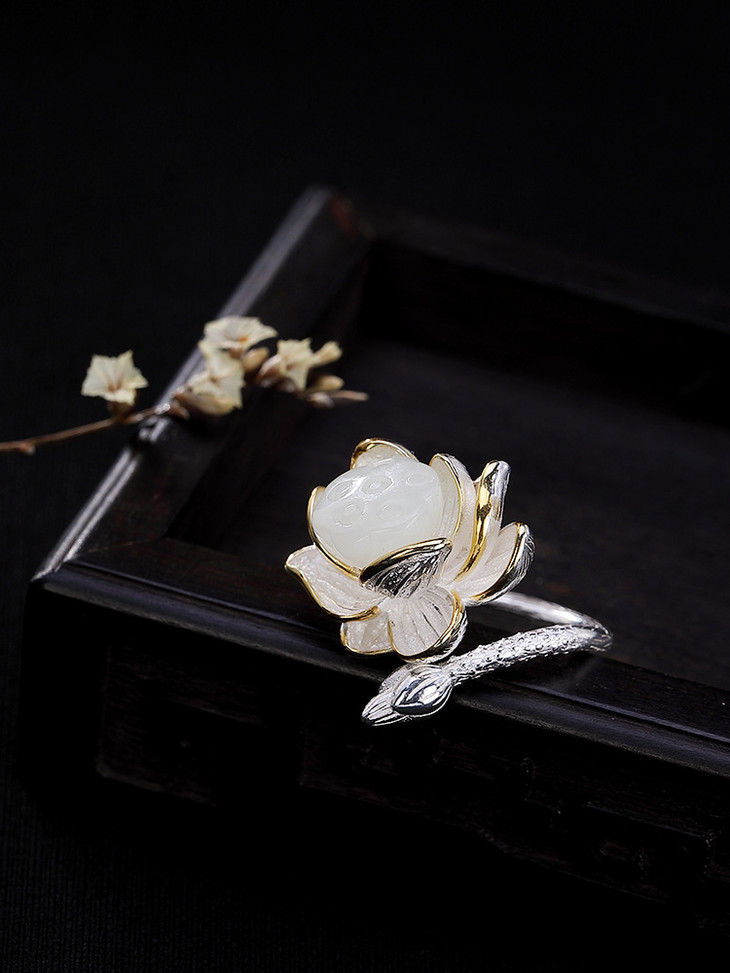 浮香s925纯银和田玉白玉莲花莲蓬镶嵌女士开口戒指指环cw1042