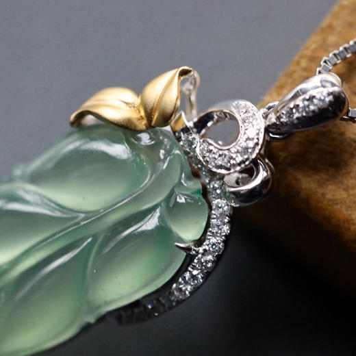 高冰种淡晴水翡翠叶子18k白金黄金钻石镶嵌 商品图1