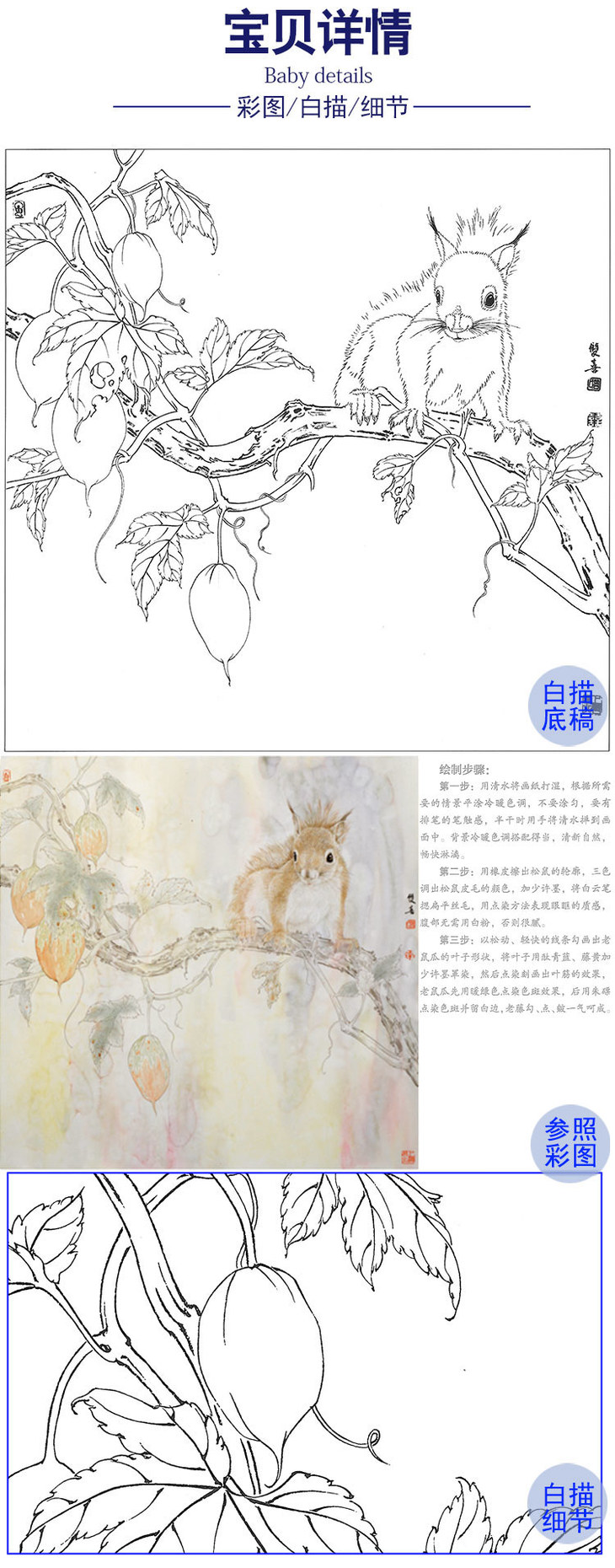 鲁双喜工笔动物白描底稿松鼠香瓜多种白描尺寸可选lk11